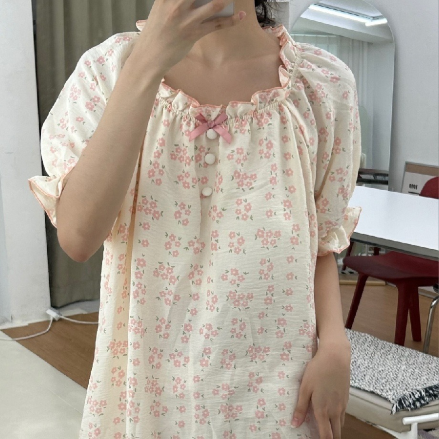 Cute Puff Sleeve Flower Pajama Dress