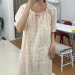 Cute Puff Sleeve Flower Pajama Dress