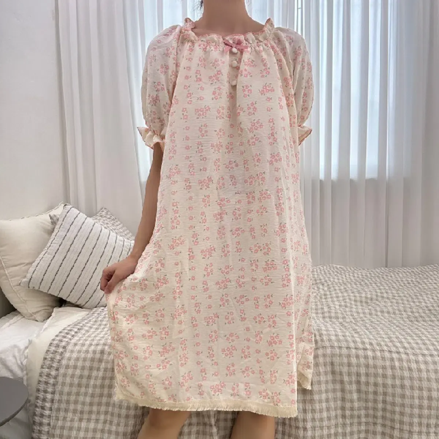 Cute Puff Sleeve Flower Pajama Dress