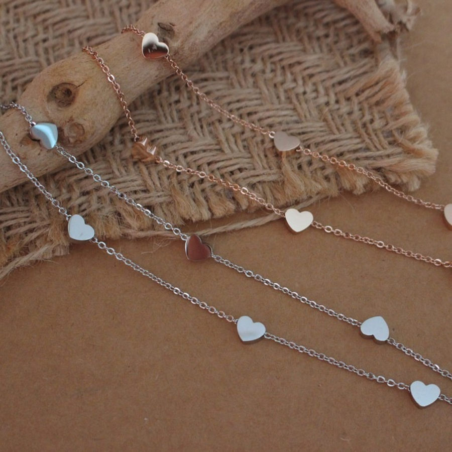 Серебряный браслет на ногу с двойной цепочкой и подвеской в форме объёмного сердца