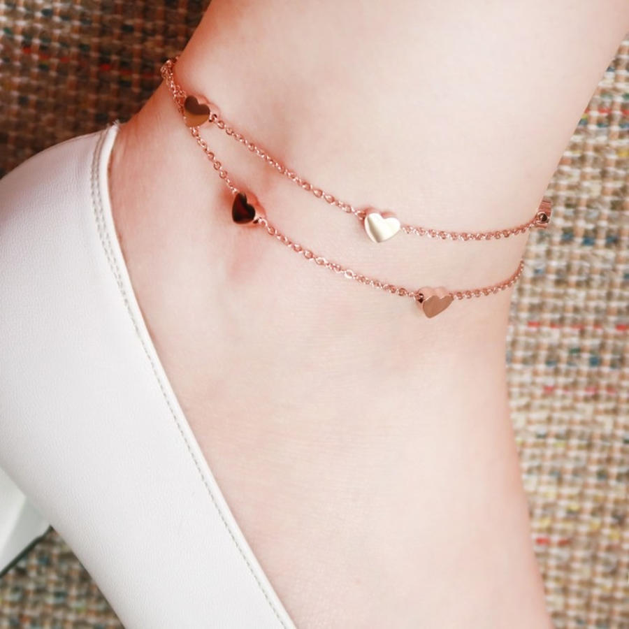 Серебряный браслет на ногу с двойной цепочкой и подвеской в форме объёмного сердца