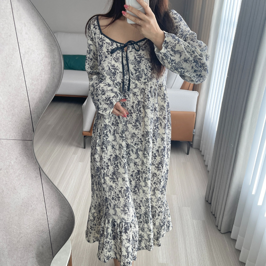 Lovely Square Ribbon Line Watercolor Cotton Frill Long Sleeve Dress Pajama