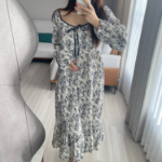 Lovely Square Ribbon Line Watercolor Cotton Frill Long Sleeve Dress Pajama