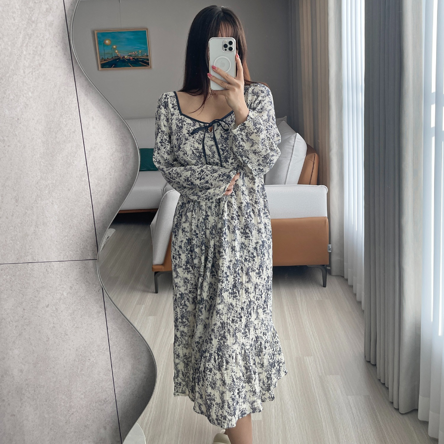 Lovely Square Ribbon Line Watercolor Cotton Frill Long Sleeve Dress Pajama