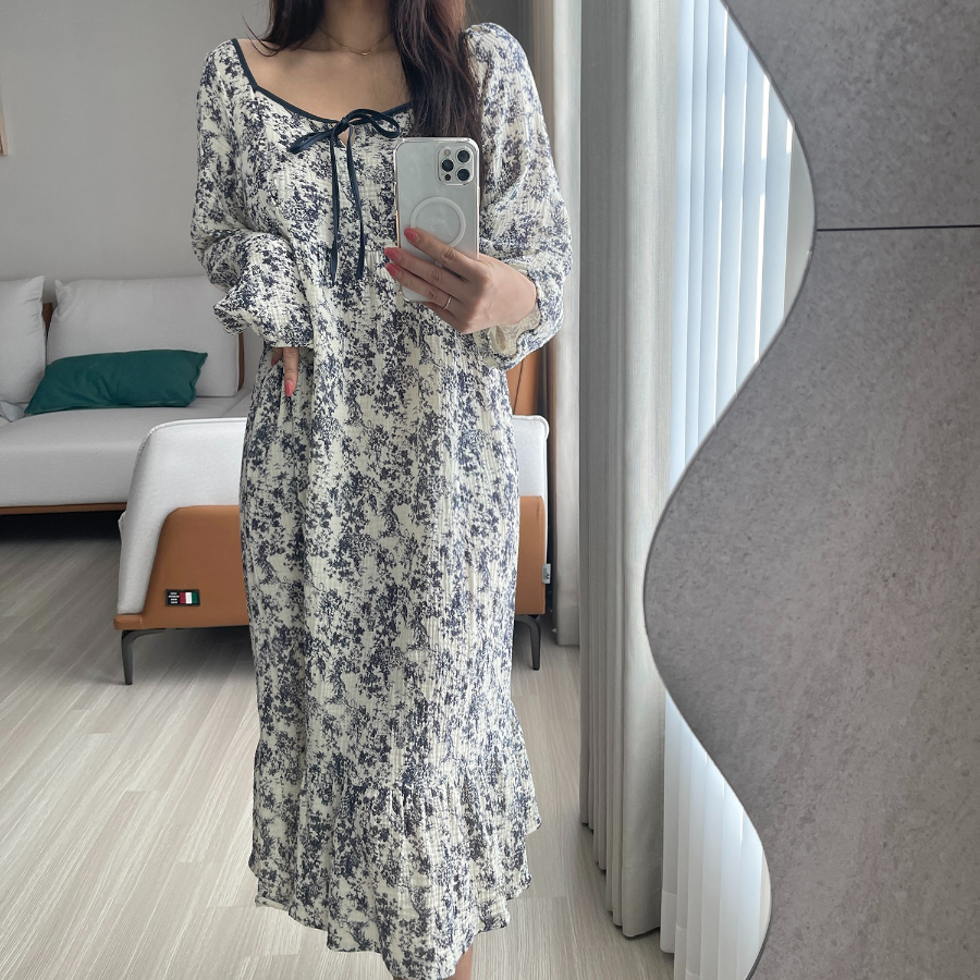 Lovely Square Ribbon Line Watercolor Cotton Frill Long Sleeve Dress Pajama