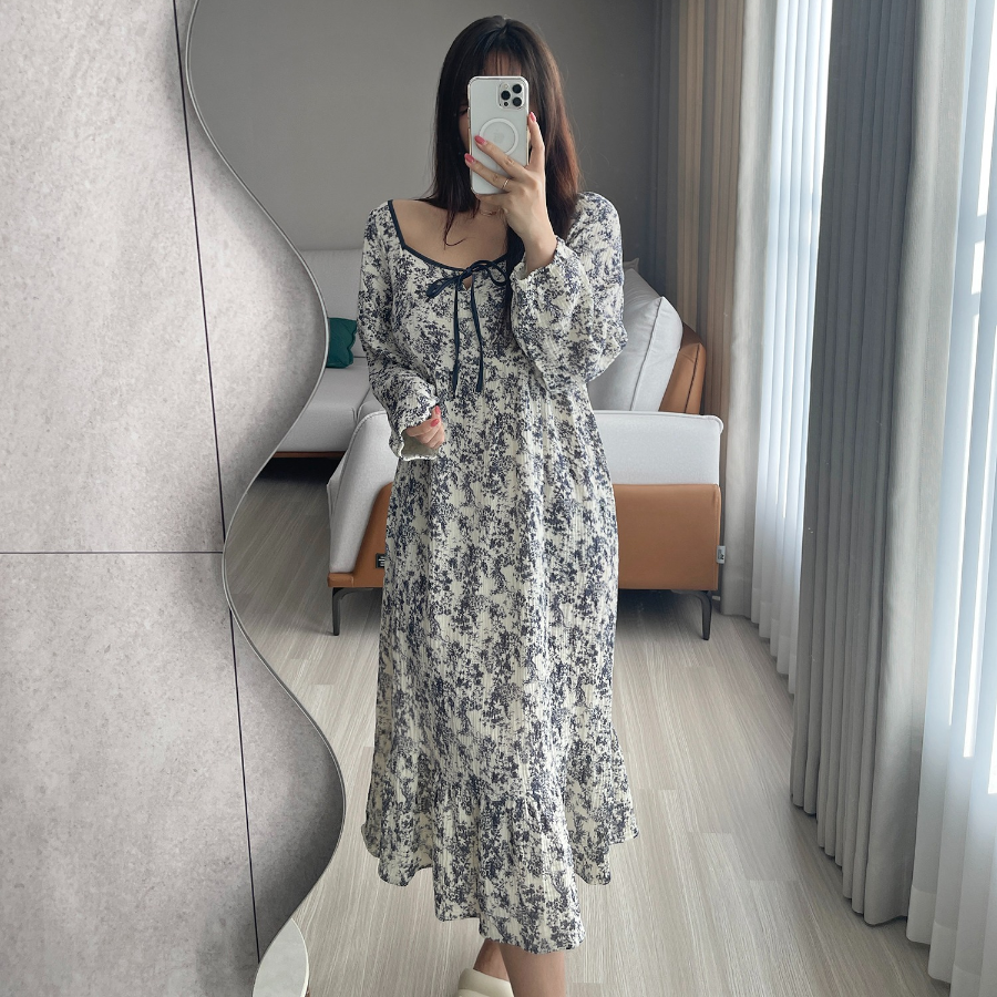 Lovely Square Ribbon Line Watercolor Cotton Frill Long Sleeve Dress Pajama