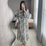 Lovely Square Ribbon Line Watercolor Cotton Frill Long Sleeve Dress Pajama