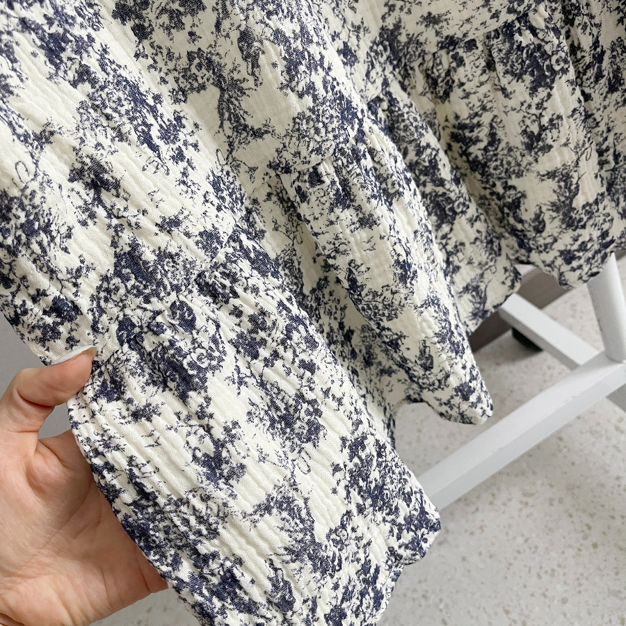 Lovely Square Ribbon Line Watercolor Cotton Frill Long Sleeve Dress Pajama