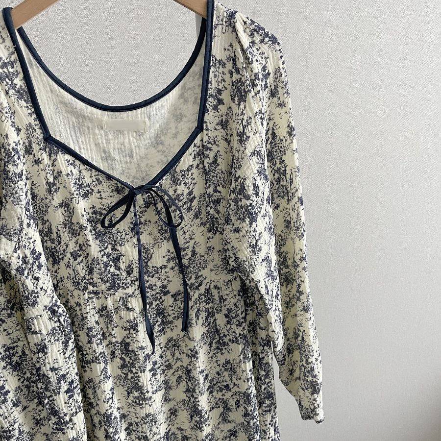 Lovely Square Ribbon Line Watercolor Cotton Frill Long Sleeve Dress Pajama