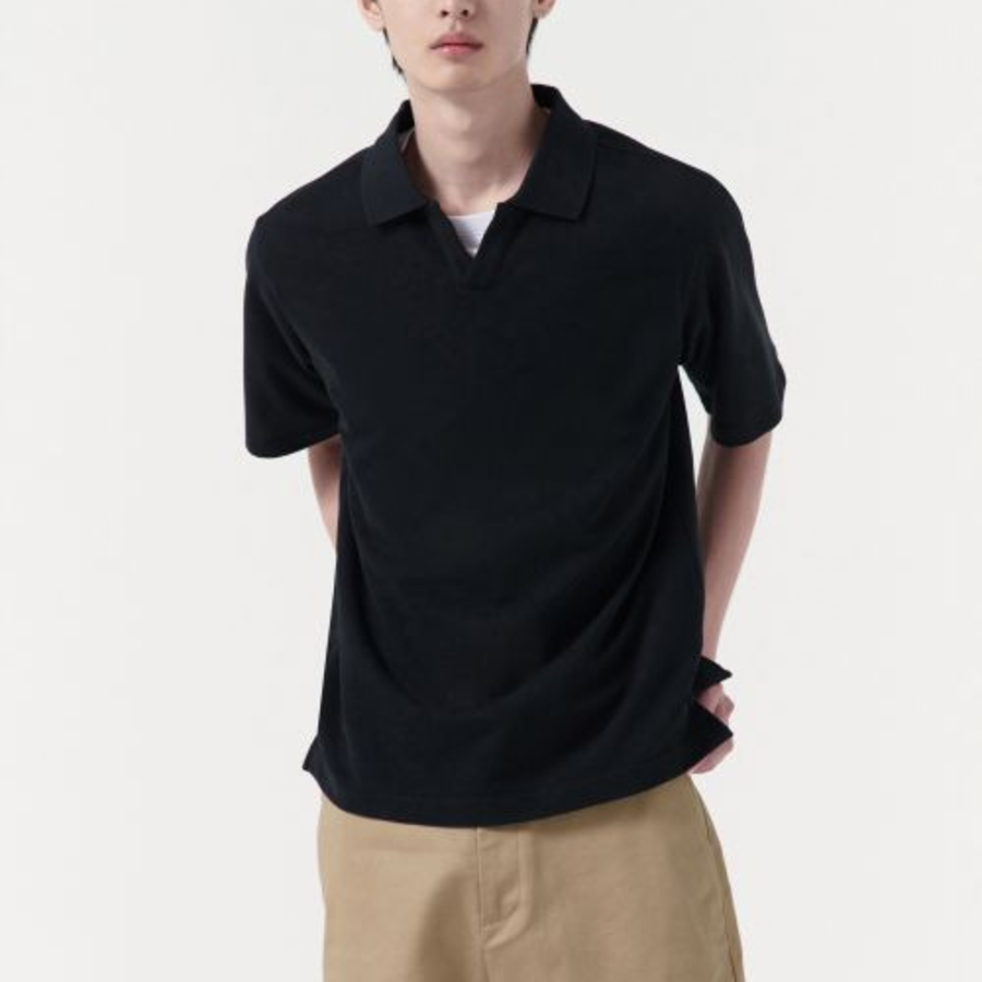 Slit Neck Piqué Polo Shirt [Black]