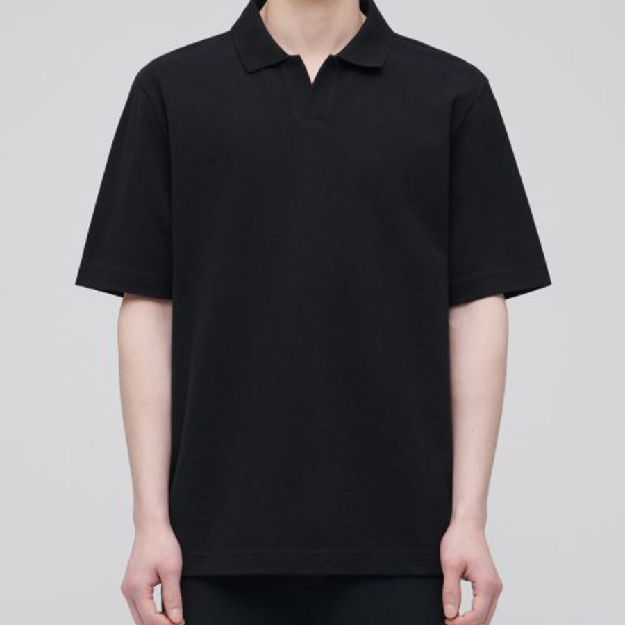Slit Neck Piqué Polo Shirt [Black]