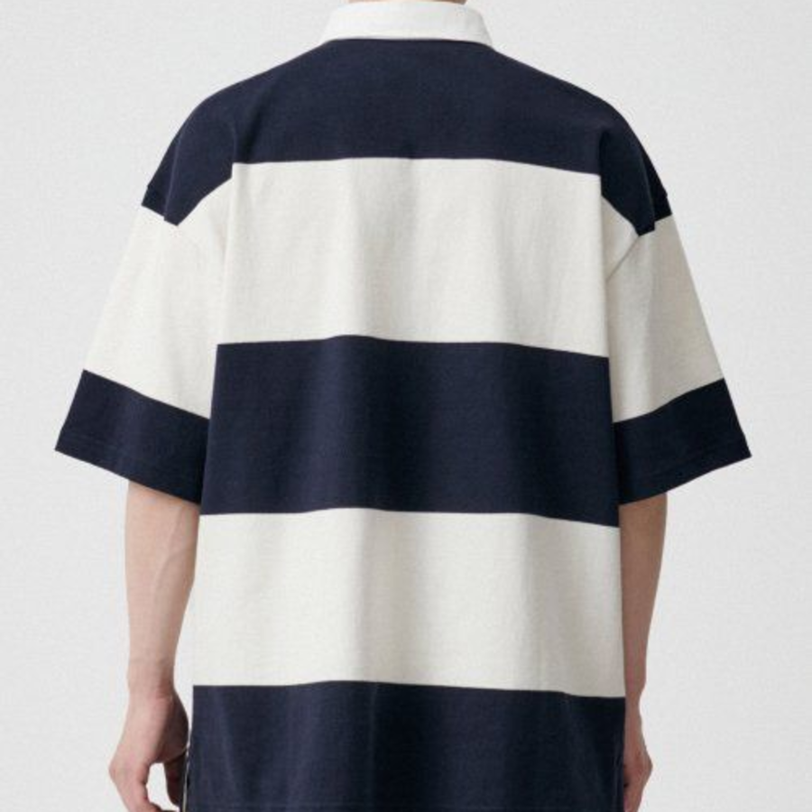 Oversized Stripe Short Sleeve Rugby Shirt [Navy/Ivory]