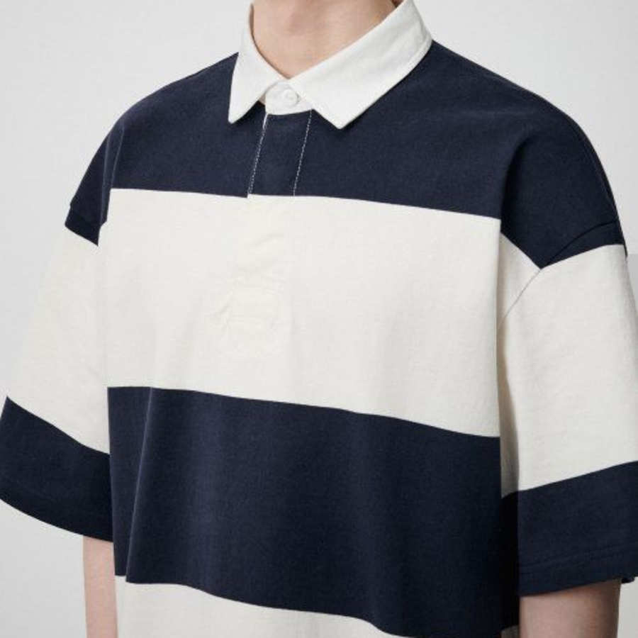 Oversized Stripe Short Sleeve Rugby Shirt [Navy/Ivory]