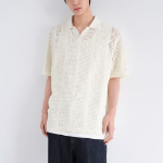 Vertical Crochet Slit Neck Polo Shirt [Ivory]