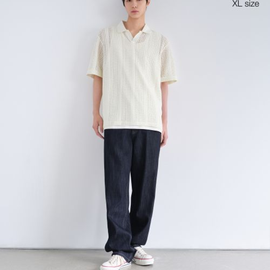 Vertical Crochet Slit Neck Polo Shirt [Ivory]