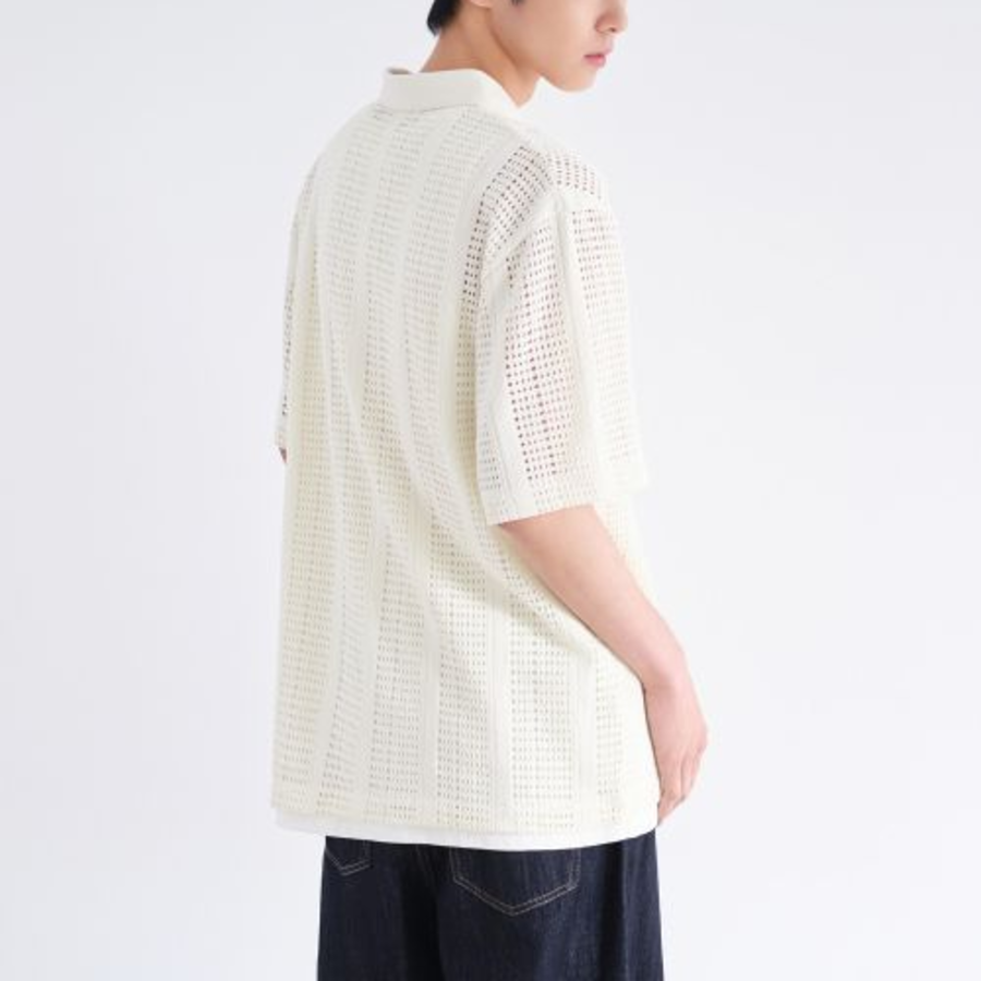 Vertical Crochet Slit Neck Polo Shirt [Ivory]