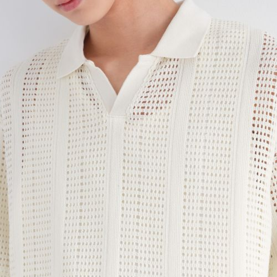 Vertical Crochet Slit Neck Polo Shirt [Ivory]