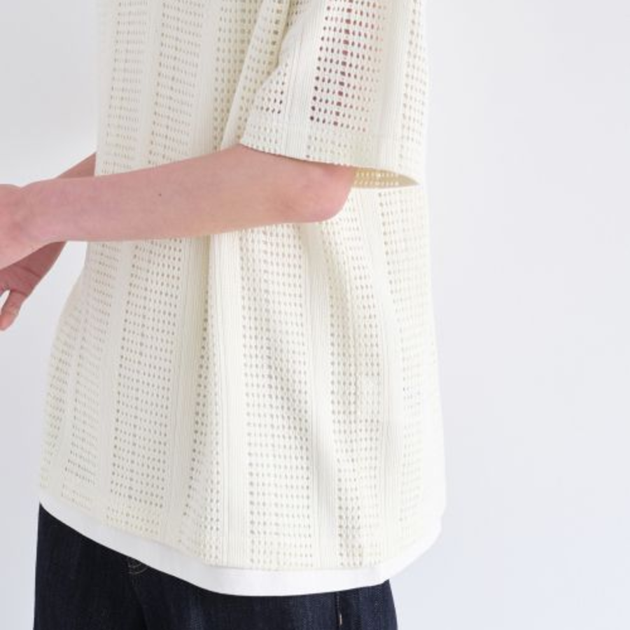 Vertical Crochet Slit Neck Polo Shirt [Ivory]