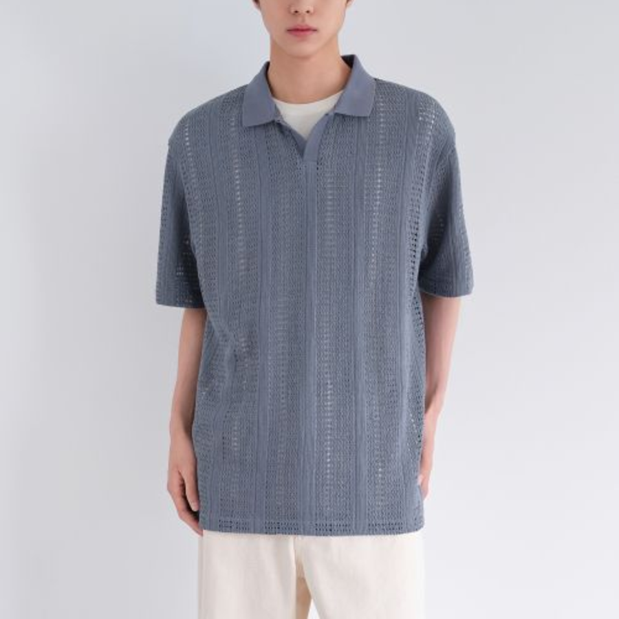 Vertical Crochet Slit Neck Polo Shirt [Blue Gray]