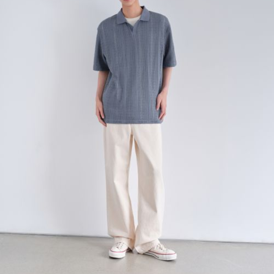 Vertical Crochet Slit Neck Polo Shirt [Blue Gray]