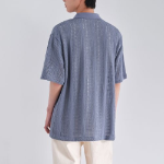 Vertical Crochet Slit Neck Polo Shirt [Blue Gray]