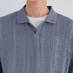 Vertical Crochet Slit Neck Polo Shirt [Blue Gray]