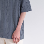 Vertical Crochet Slit Neck Polo Shirt [Blue Gray]