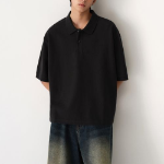 Oversized Cropped Piqué Polo Shirt [Black]