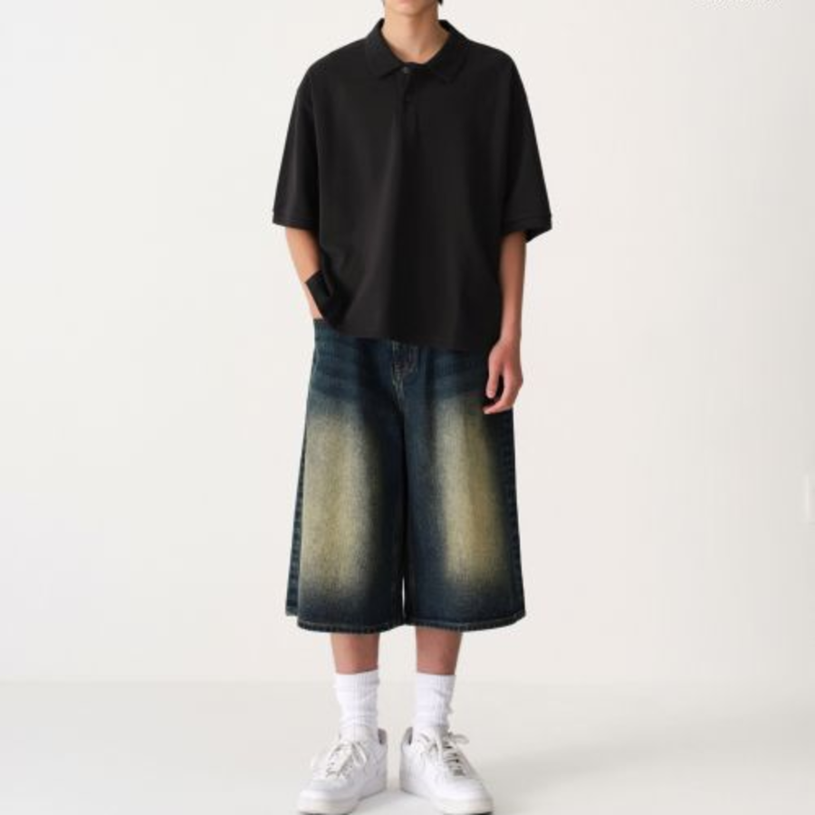 Oversized Cropped Piqué Polo Shirt [Black]