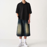 Oversized Cropped Piqué Polo Shirt [Black]