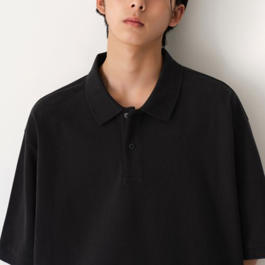 Oversized Cropped Piqué Polo Shirt [Black]
