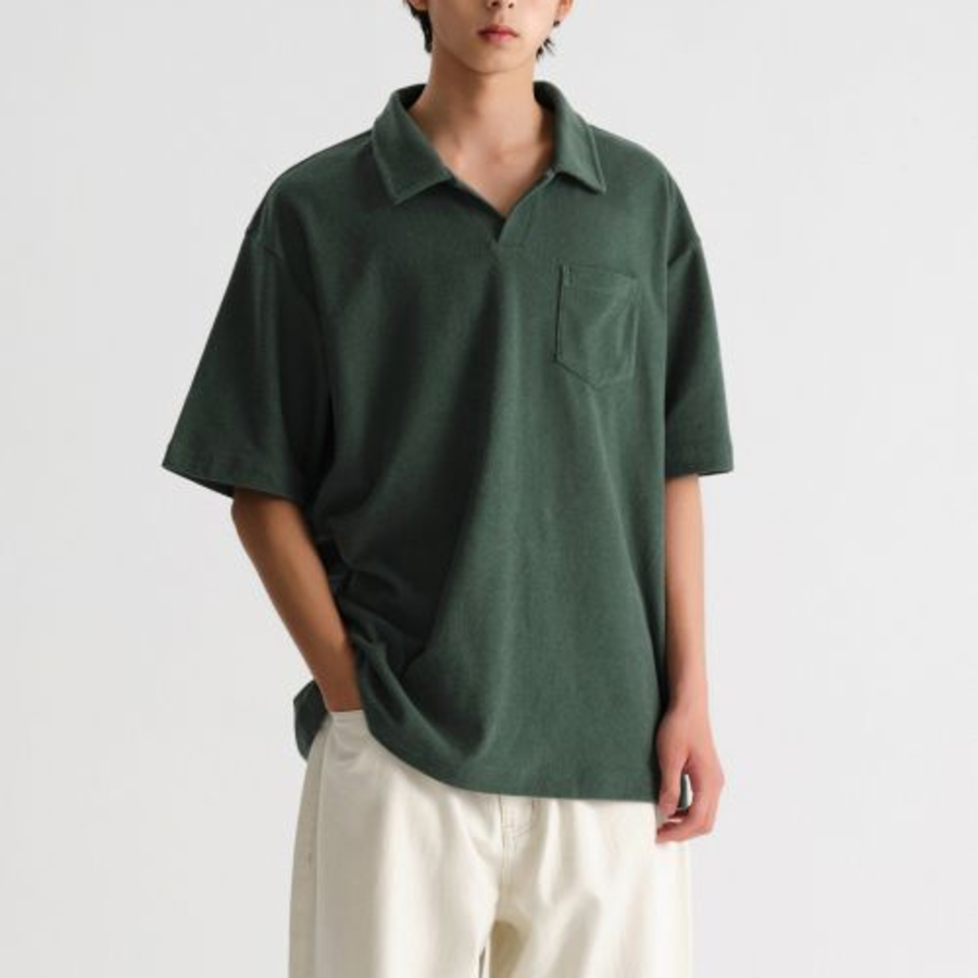 Terry Cloth Slit Neck Polo Shirt [Deep Green]