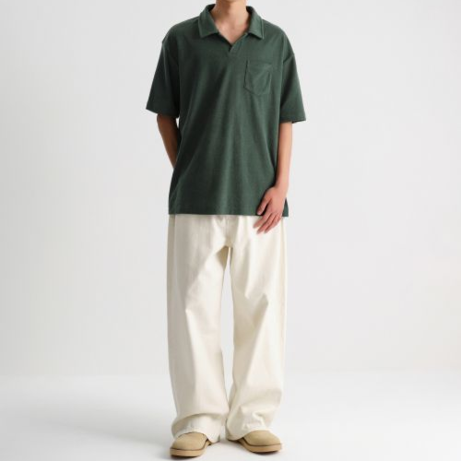 Terry Cloth Slit Neck Polo Shirt [Deep Green]