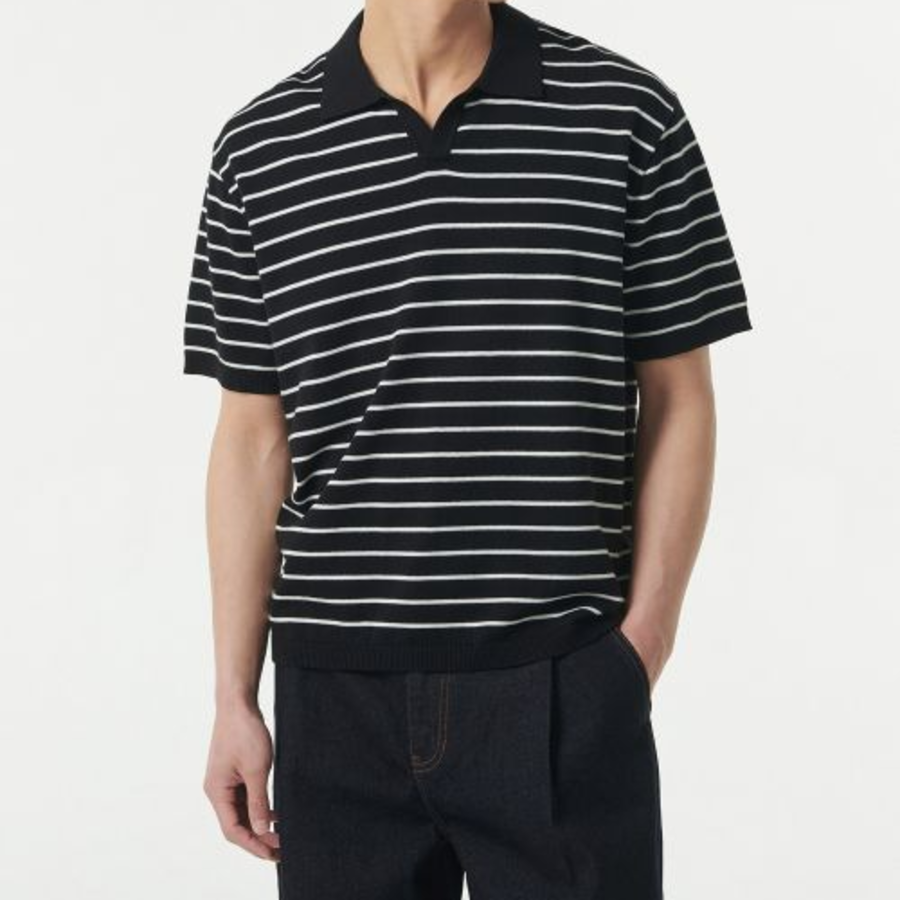 Striped Slit Neck Knitted Polo Shirt [Black/White]