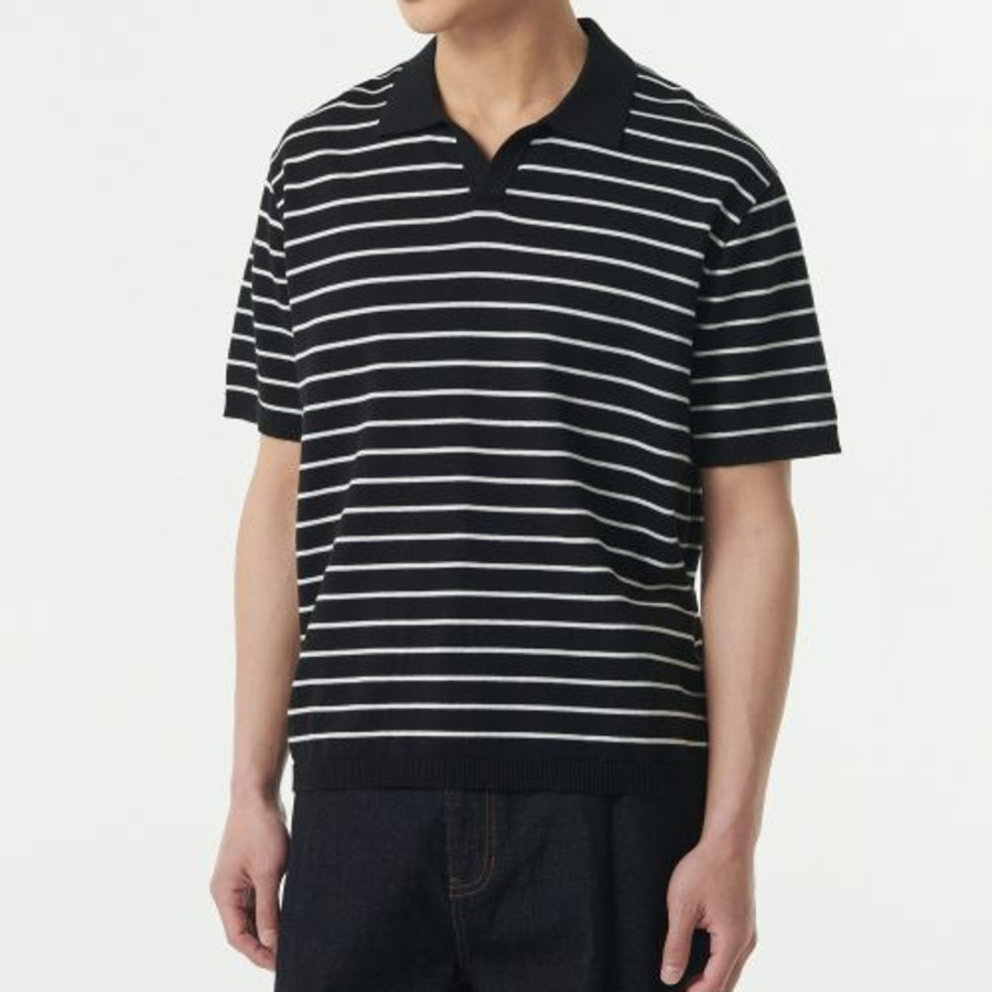 Striped Slit Neck Knitted Polo Shirt [Black/White]