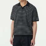 Striped Slit Neck Knitted Polo Shirt [Black/White]