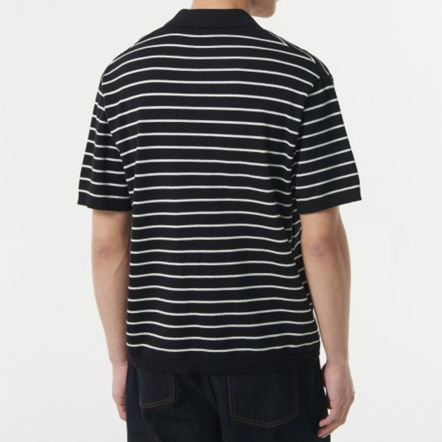 Striped Slit Neck Knitted Polo Shirt [Black/White]