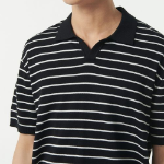 Striped Slit Neck Knitted Polo Shirt [Black/White]