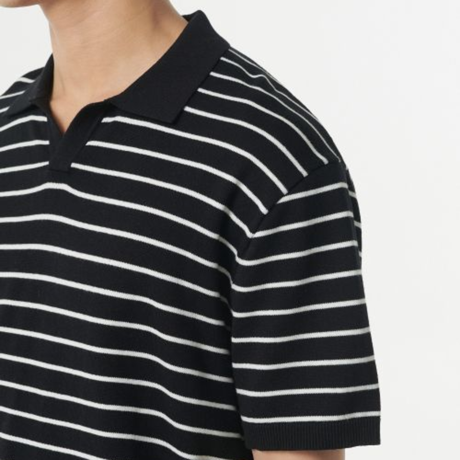 Striped Slit Neck Knitted Polo Shirt [Black/White]