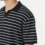 Striped Slit Neck Knitted Polo Shirt [Black/White]