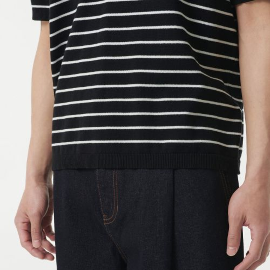 Striped Slit Neck Knitted Polo Shirt [Black/White]