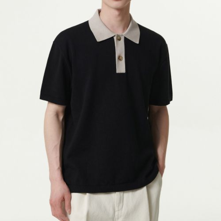 Contrast Collar Knitted Polo Shirt [Black]