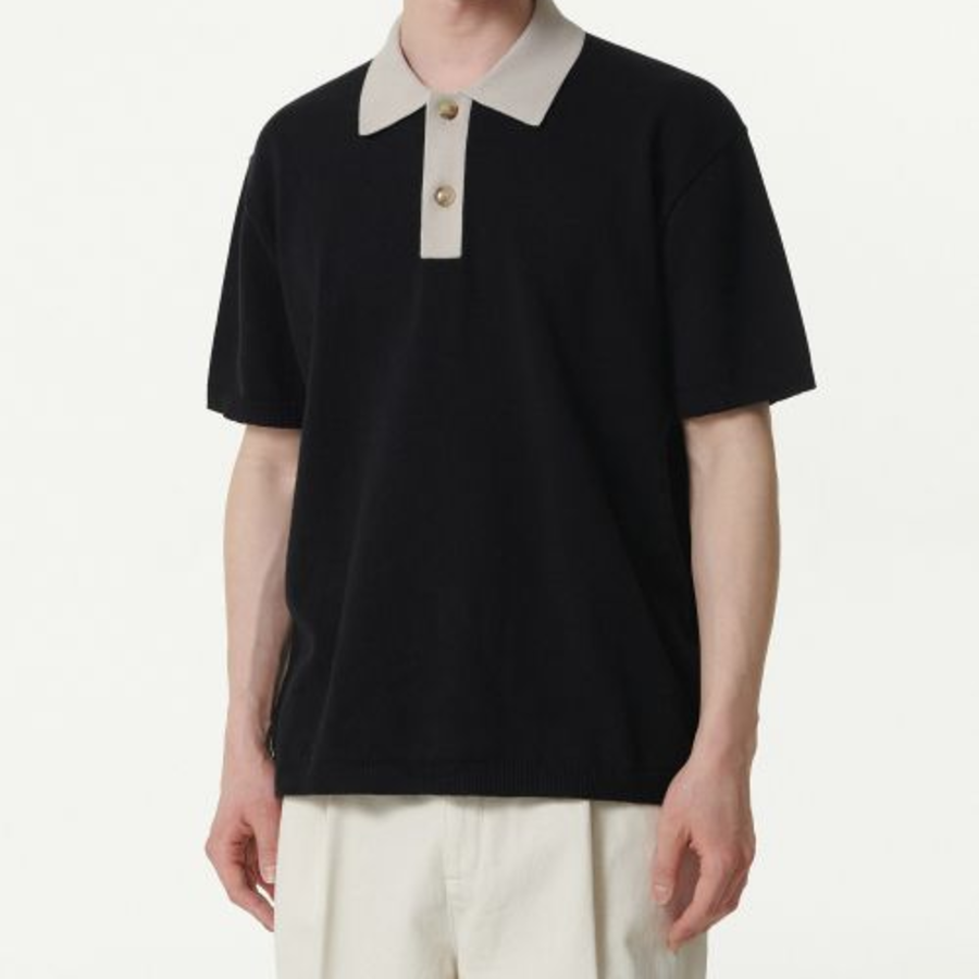 Contrast Collar Knitted Polo Shirt [Black]