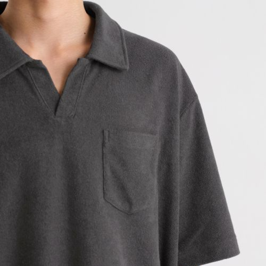 Terry Cloth Slit Neck Polo Shirt [Dark Grey]