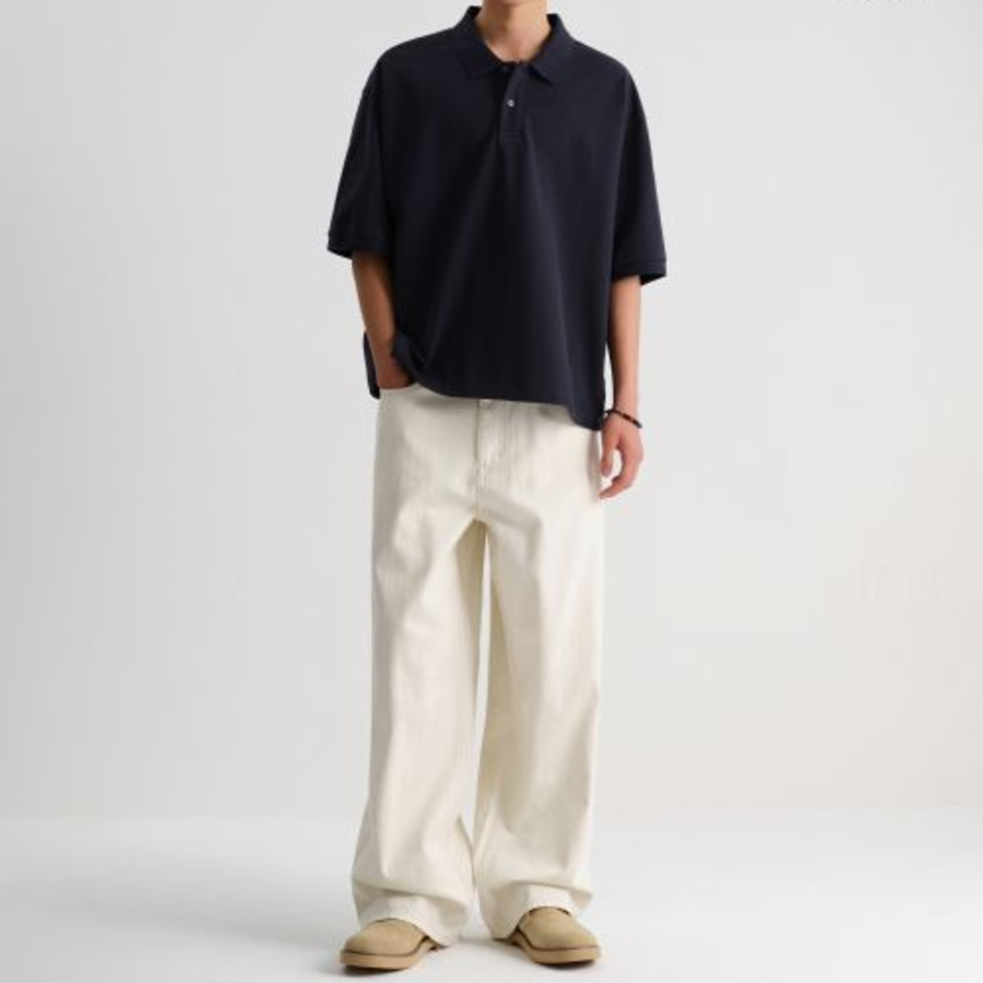 [Cooltandard] Oversized Crop Piqué Polo Shirt [Navy]