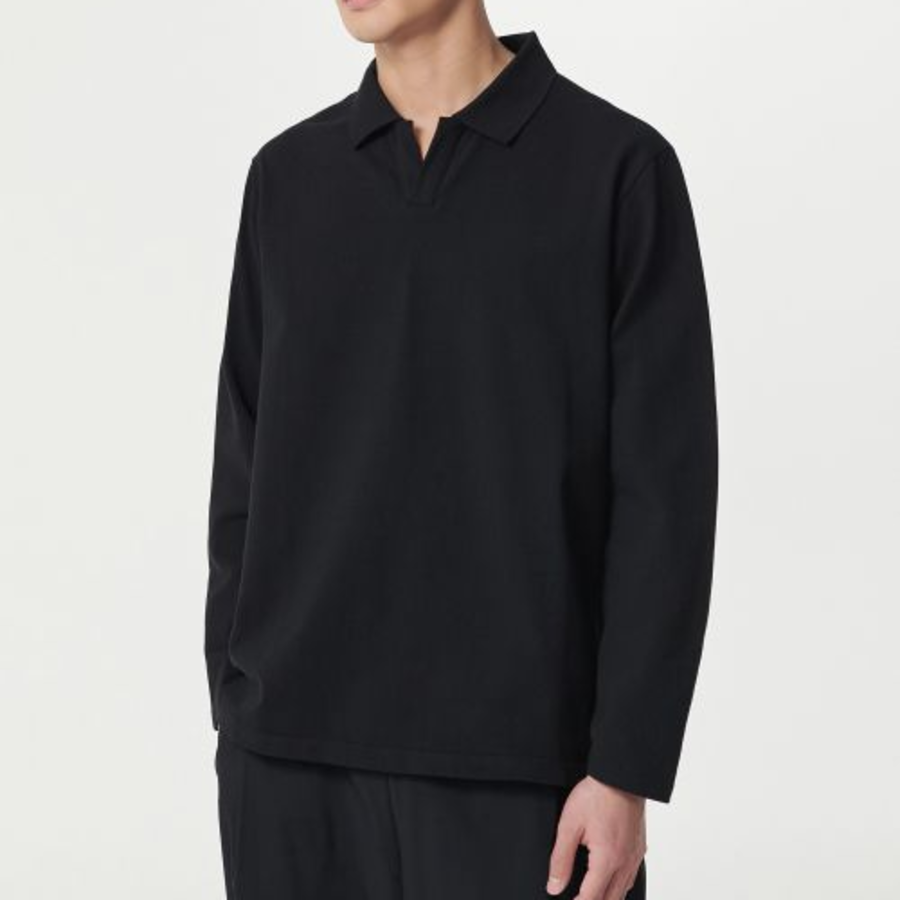 Slit Neck Long Sleeve Piqué Polo Shirt [Black]