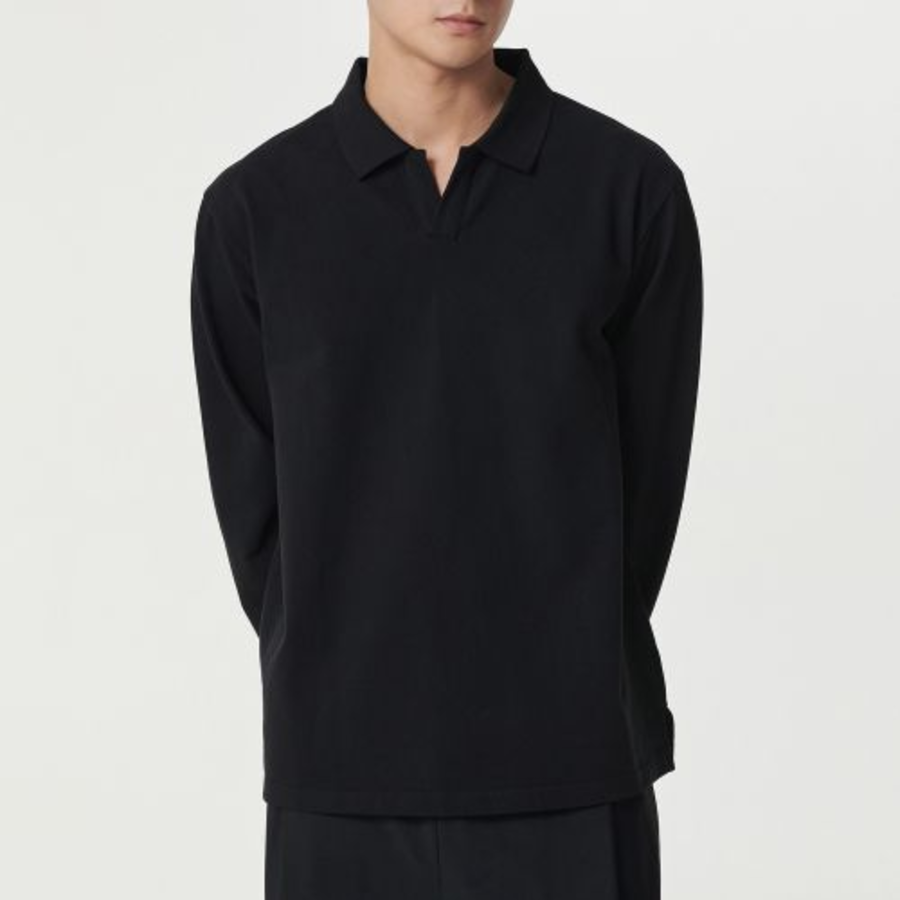 Slit Neck Long Sleeve Piqué Polo Shirt [Black]