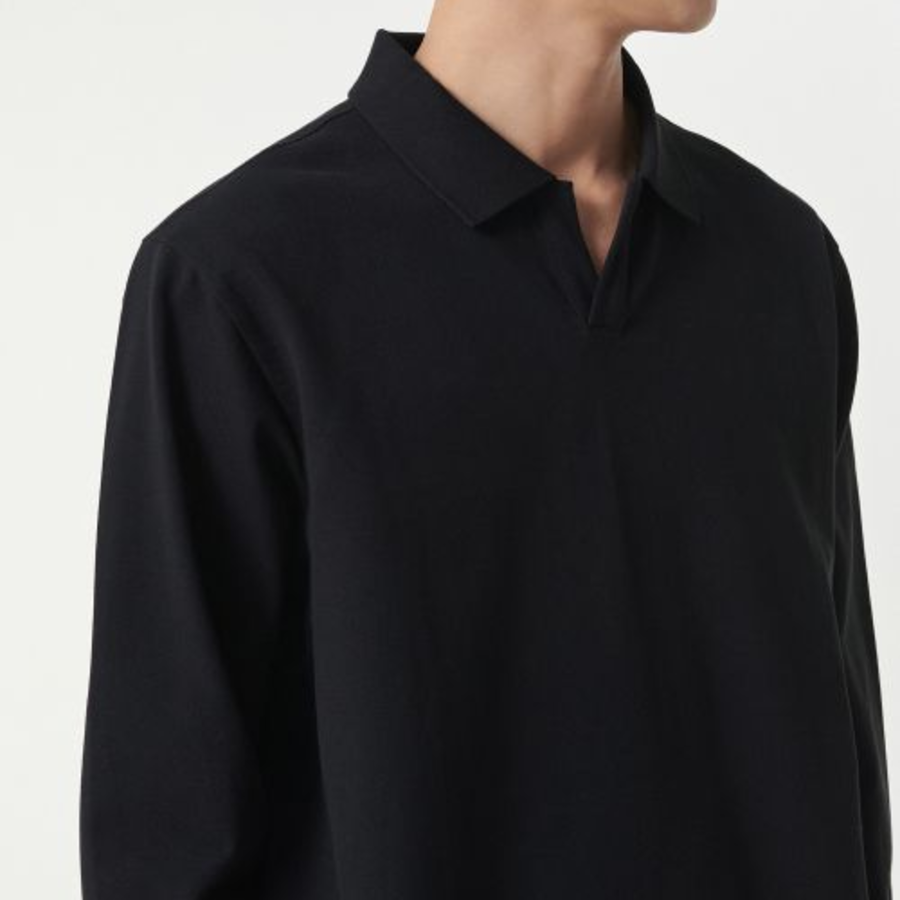 Slit Neck Long Sleeve Piqué Polo Shirt [Black]