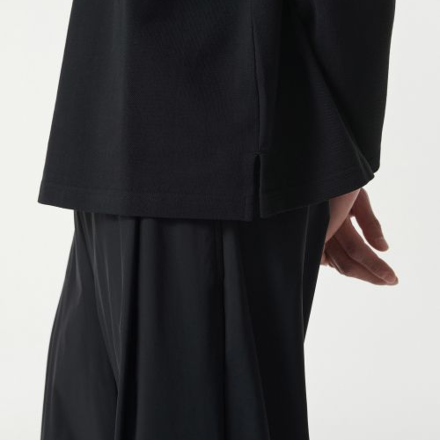 Slit Neck Long Sleeve Piqué Polo Shirt [Black]