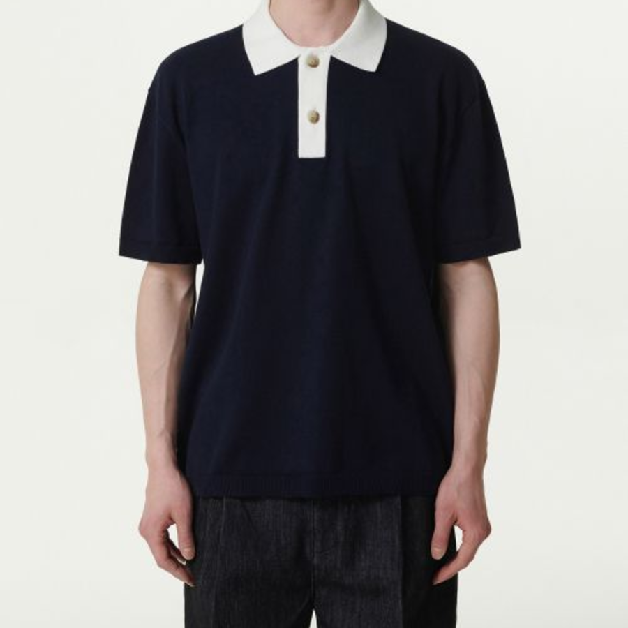 Contrast Collar Knitted Polo Shirt [Navy]